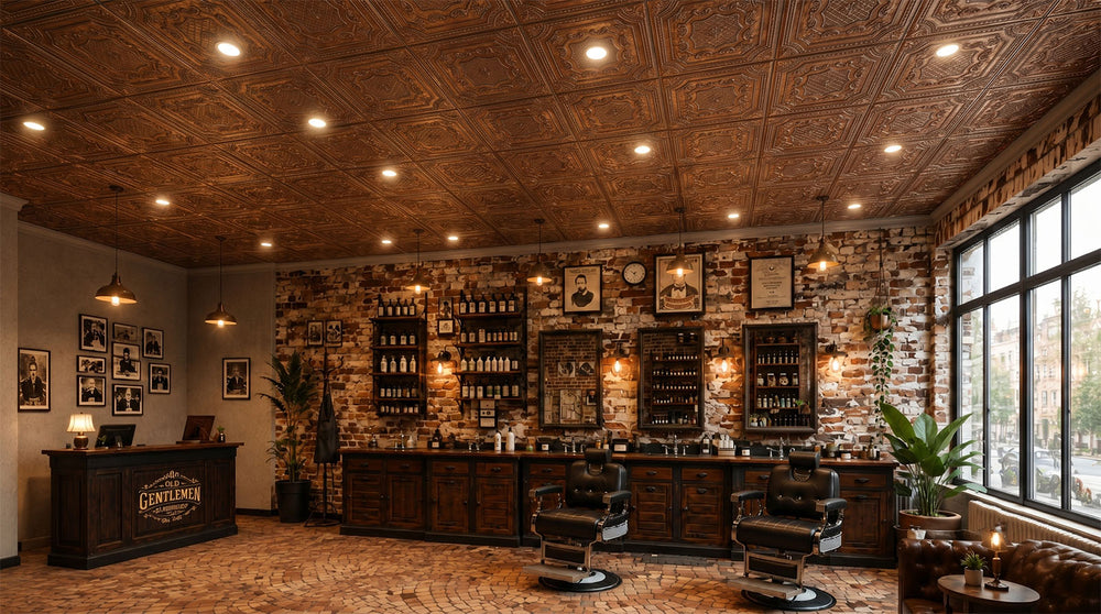 Weathered Copper Ceiling Tiles Give This Vintage Barbershop Its Finishing Touch