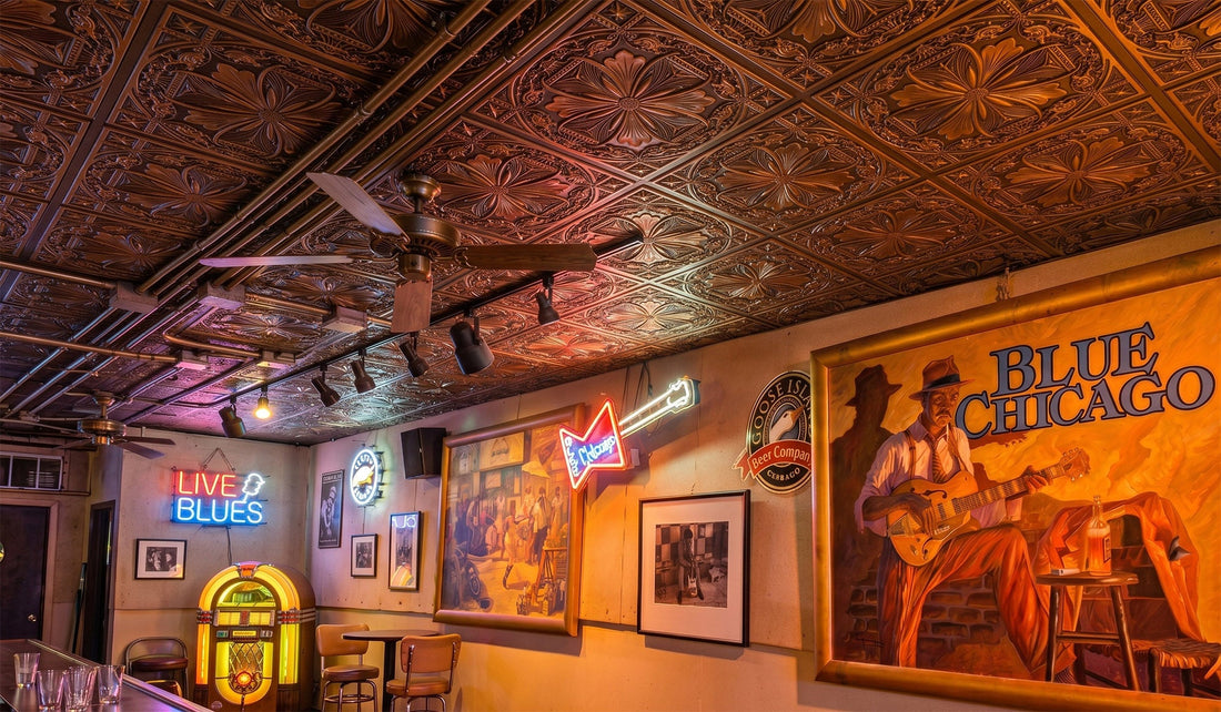 PL10 Aged Copper faux tin ceiling tiles installed in a vintage blues bar