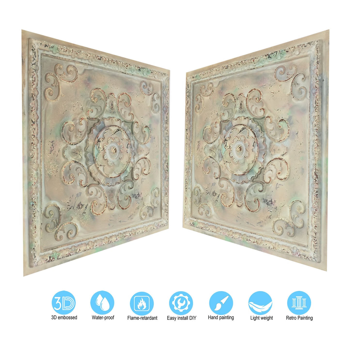 10Pcs Distressed Faux Tin Ceiling Tiles for Industrial Cafés, Craft Workshops and Retro Interiors PL08