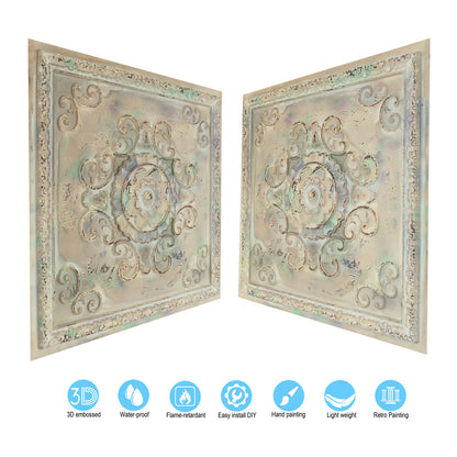 10Pcs Distressed Faux Tin Ceiling Tiles for Industrial Cafés, Craft Workshops and Retro Interiors PL08