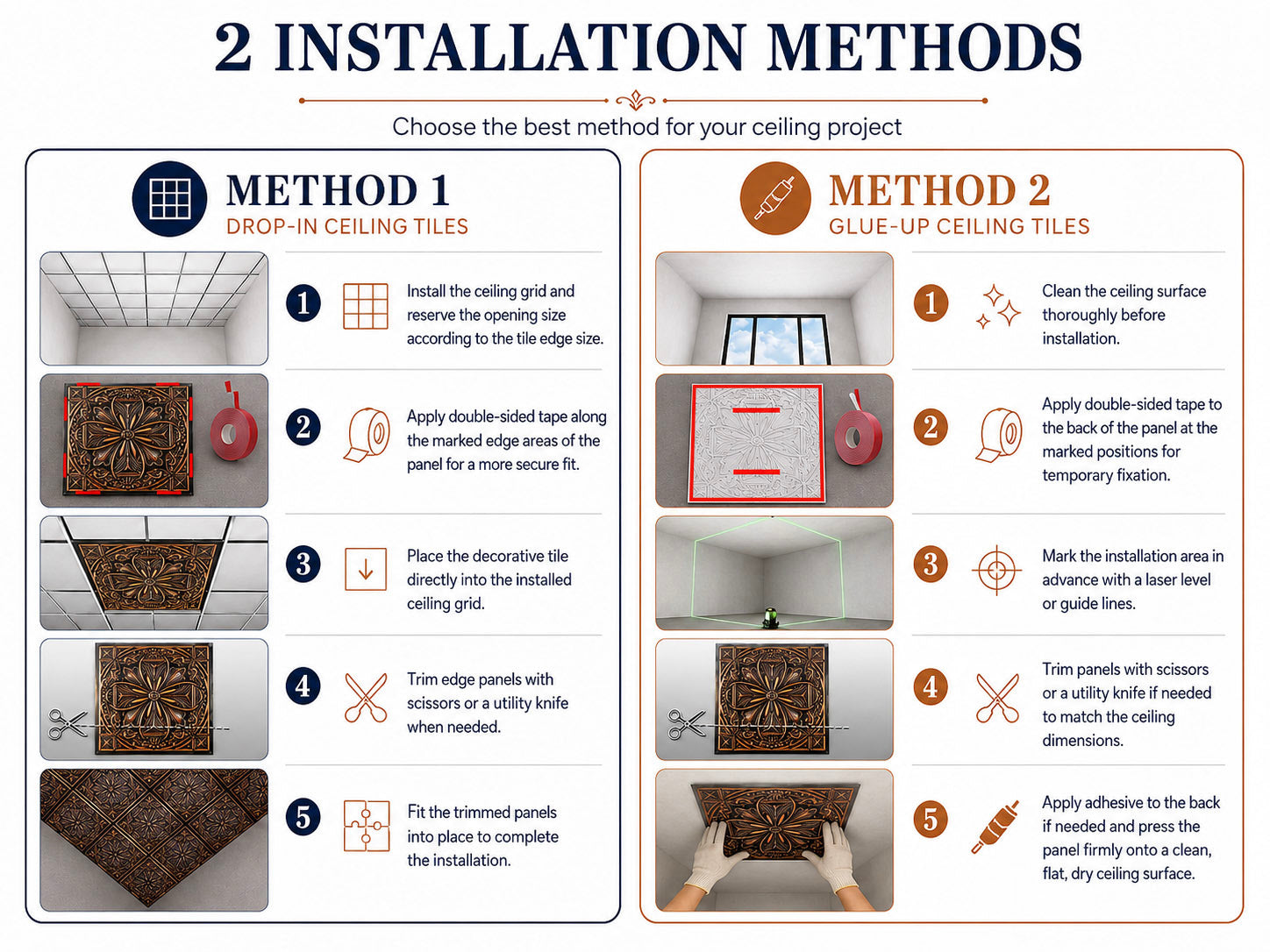 Drop-in and glue-up installation methods for Paintsdecor faux tin ceiling tiles